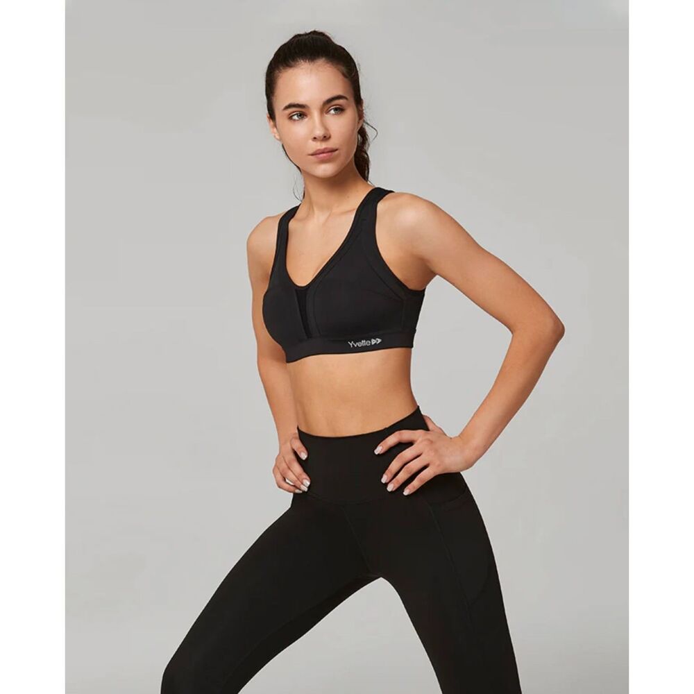 YVETTE Power Cross Back Padded Running Bra, Black, Sz XL (38 A-C)